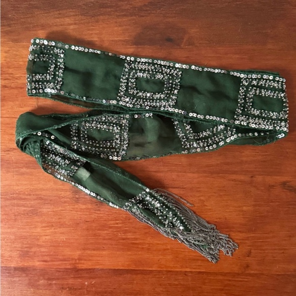 deepa gurnani Elegant Green Beaded Sequin Fringe Scarf or belt